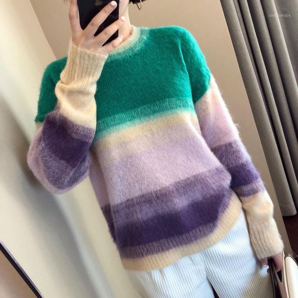 

women sweater new rainbow gradient mohair wool sweater1, White;black