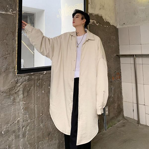 

men oversize long sleeve loose casual thick cotton padded shirt jacket male vintage streetwear hip hop long shirt coat outerwear1, White;black