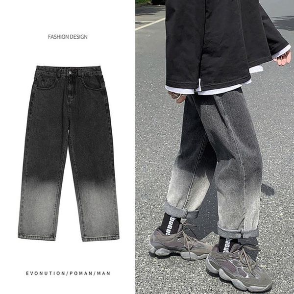 

men's jeans denim pants korean casual straight black women japan fashion loose plus size wide-leg pant, Blue