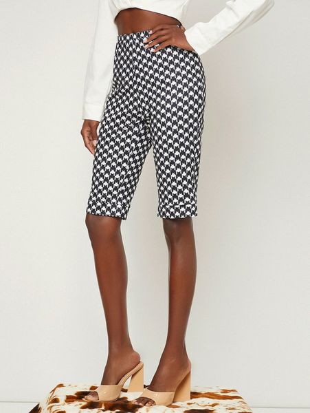 

high waist houndstooth print biker shorts u9it#, Black