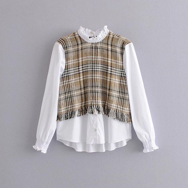 

2020 autumn dress new plaid patchwork full casual stand women blouse, White