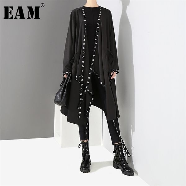 

[eam] loose fit black hollow out ribbon pleated big size jacket new v-collar long sleeve women coat fashion spring 1d756 201210, Black;brown