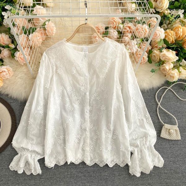 

women's blouses & shirts women's spring autumn blouse 2021 elegant sweet ladies white lace shirt casual flare sleeve button up fem