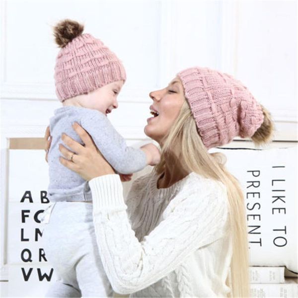 

2pcs / set mom and baby cap warm pom tassel cap toddler baby boys girls knitted hat women warm cute1, Yellow