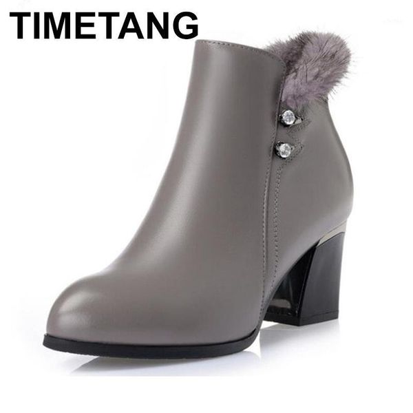 

timetang brand shoes elegant fashion full genuine leather boots women boots 2020 winter mink hair pointed ankle snow boot1, Black