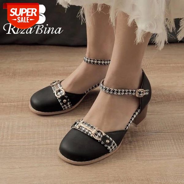 

rizabina fashion women pumps shoes new design real leather patchwork shoes women modern metal buckle heels footwear size 32-44 #i64k