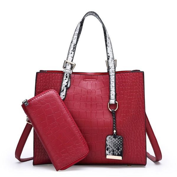 

1 set ladies handbag solid color leather grain with wallet elegant style bag