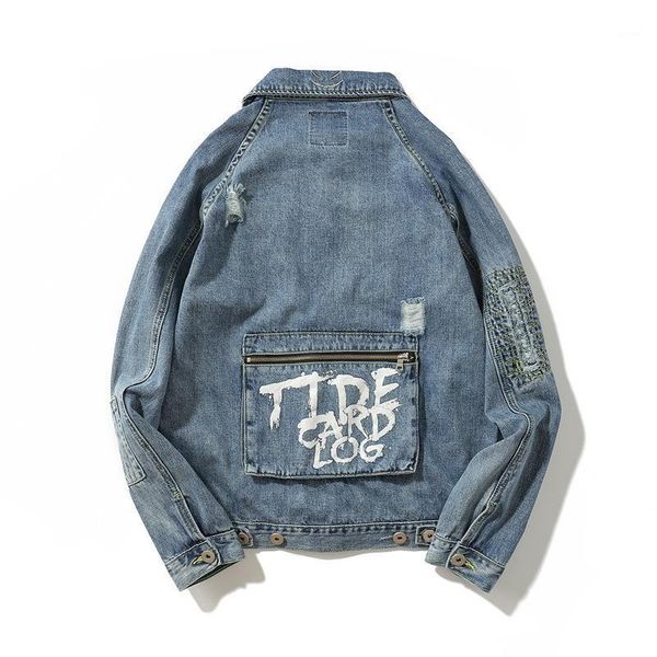 

2020 fashion brand men denim overalls jacket high street print ripped cargo cotton coats blue loose hip hop cowboy chaquetas man1, Black;brown