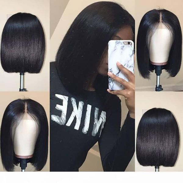 

short bob wigs for black women preplucked nautral hair line bleached 8-14inch short straight natural black 100% lace front human hair wig, Black;brown