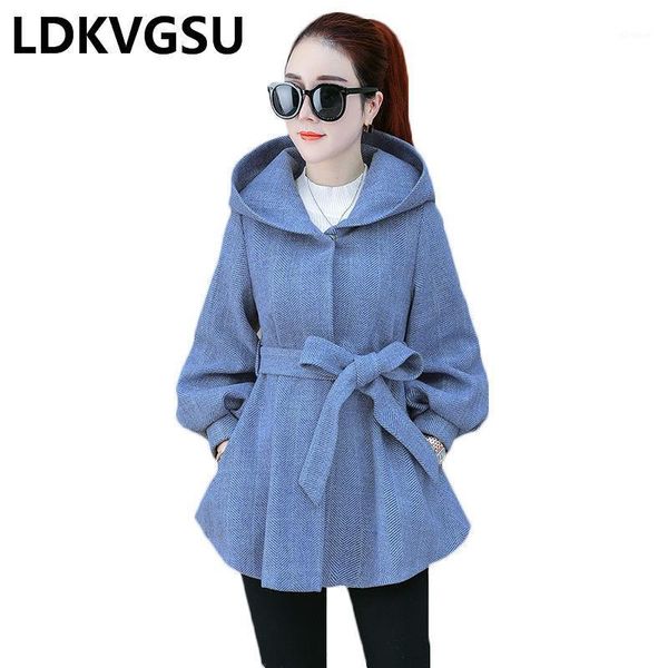 

woolen jacket female autumn winter 2020 new single breasted belt waist wild casual women thicken hooded woolen coat is13241, Black