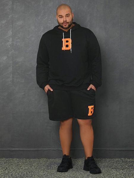 

extended sizes men letter graphic drawstring hoodie & shorts 70cd#, Gray