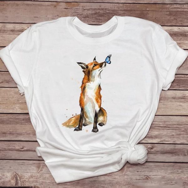 

женские футболки fox kawaii акварель 90-х годов стиль с коротким рукавом мода дамы печати графическая т верхняя леди рубашка женская тройник, White