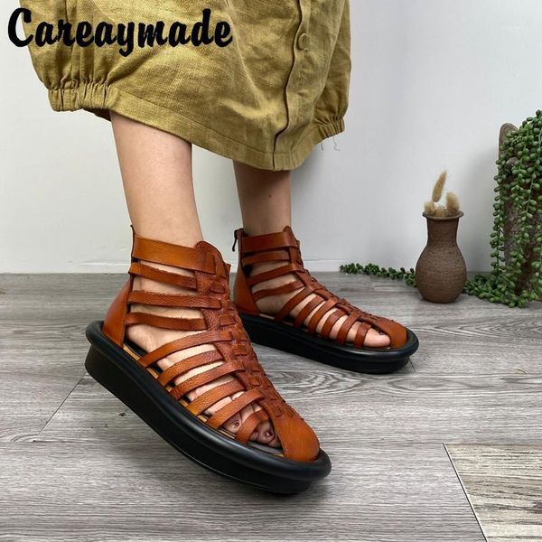 

careaymade-spot new woven sandals women's roman hight-round head all-match waterproof platform genuine leather sandal boots1, Black