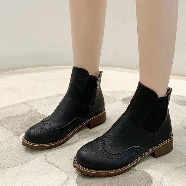 

women ankle boots ladies oxford zipper woman pu leather elastic band chunky heels female sewing footwear comfort shoe new #vk0e, Black