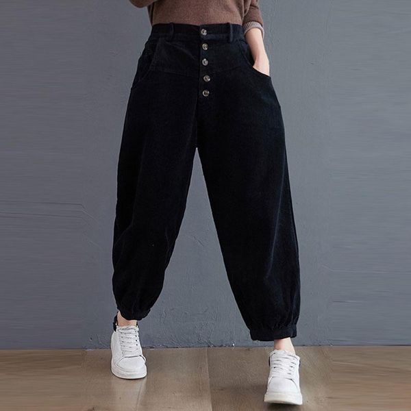 

autumn winter new fashion women high waist loose harem pants cotton corduroy casual pants femme trousers plus size m697, Black;white