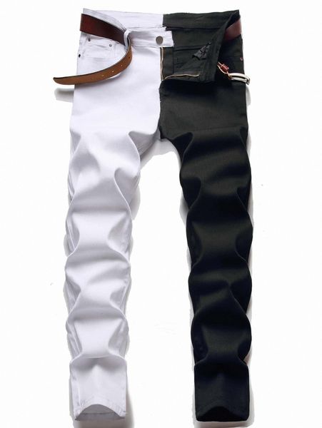 

men two tone zipper fly jeans without belt b88c#, Blue