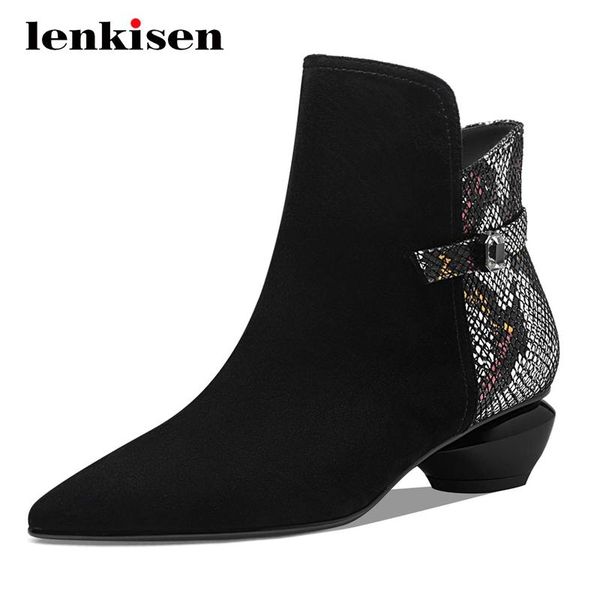 

lenkisen large size work boots sheep suede pointed toe med strange heel zipper young lady catwalk ankle boots l8f2, Black