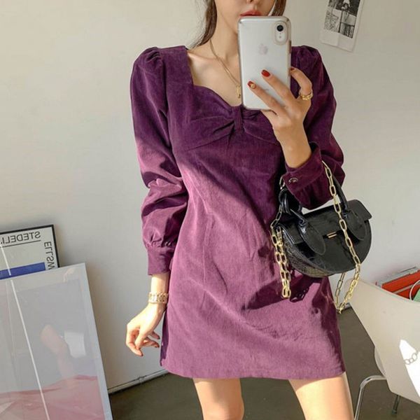 

2021 new mini party women long sleeve elegant dress korean one-piece purple square collar female clothes autumn office lady 5quc, Black;gray