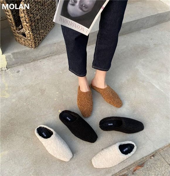 

slippers molan brand designer 2021 winter korean fashion soft wool flat fur slides female shoes loafers mules flip flops casual1, Black