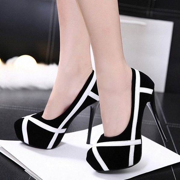 

mixed color flock shallow party 2019 pumps women shoes thin heels ultra high heels 13cm round toe pump women single ladies shoes #bx7o, Black