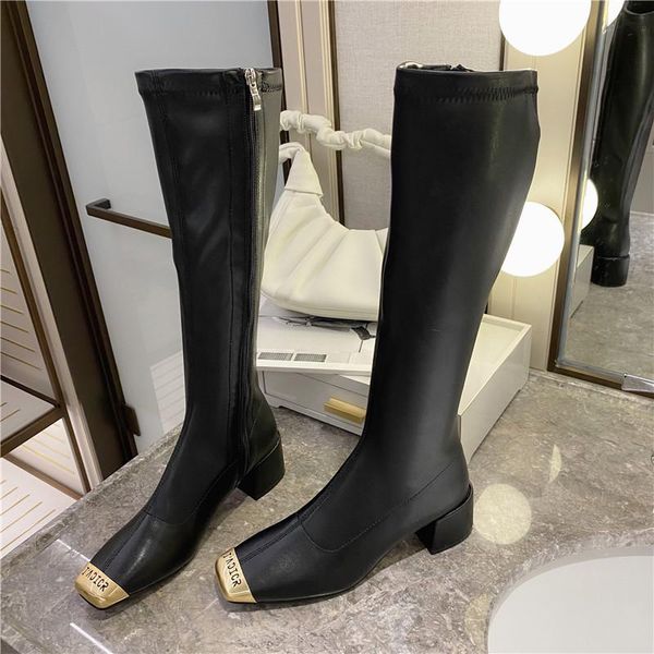 

boots 2021 spring autumn luxury women designer knee high black block heels leather long thigh party shoes