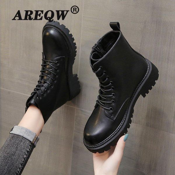 

boots women motorcycle shoes platforms wedges female lace up leather oxford woman high heels, Black
