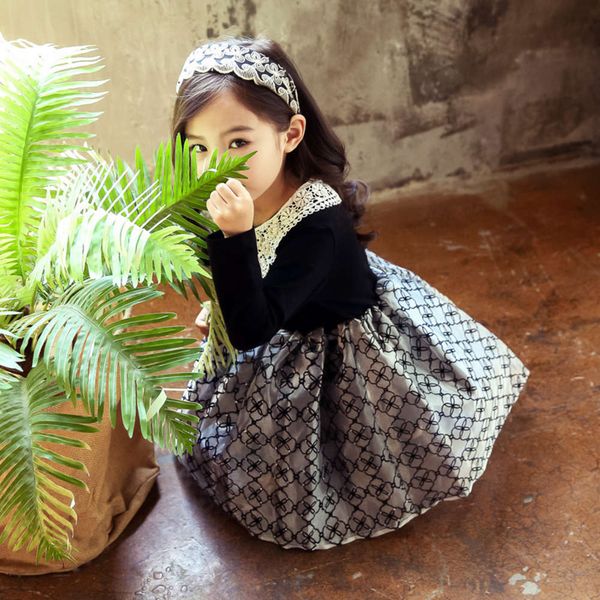 

wear girls' princs drs korean children's spring and autumn lace baby collar long sve plaid skirt, Red;yellow