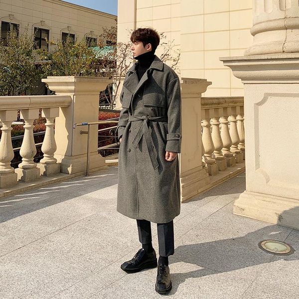 

korean plus cotton thick woolen coat men's fashion casual long woolen coat men loose oversize mens overcoat m-2xl, Black