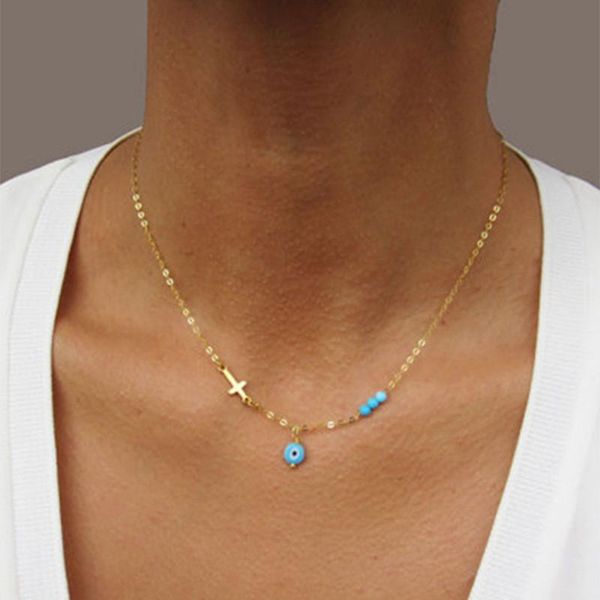 

щепка женщина choker простой для 2020 цвета подарков лета золотого крест бисер ожерелье мода глаз подвески ожерелья новых ювелирных изделий, Golden;silver