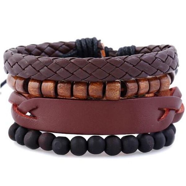 

4pcs/ set braided wrap leather bracelets for men women vintage wooden lava stone beads ethnic tribal wristbands bracele wmtxod, Golden;silver