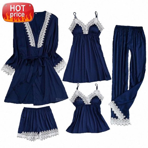 

5pcs summer silk lace pajamas set for women sleepwear with chest pad breathable bath robe nightgown set pyjamas pjs #gu24, Black;white