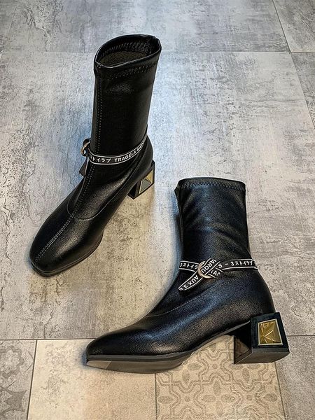 

boots children's autumn 2021 fashion mid-tube square toe thick heel bootsv, Black