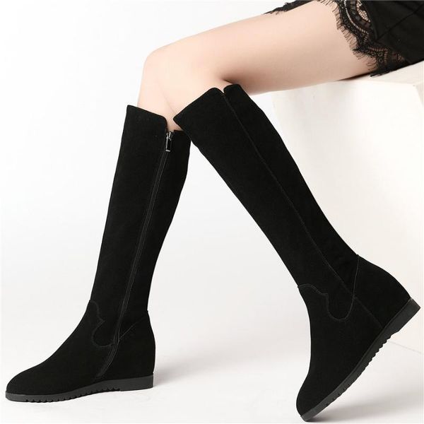 

winter thigh high pumps shoes women genuine leather wedges high heel knee motorcycle boots female round toe oxfords shoes, Black