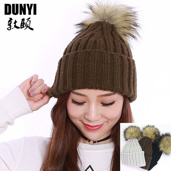 

2020 new style brand warm thick women hat real fur winter hat raccoon pom pom for women girls caps knitted beanies cap lady, Blue;gray
