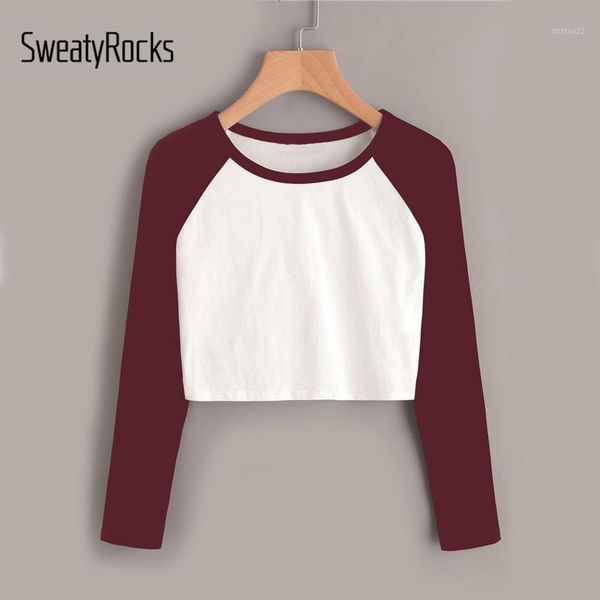 

women's t-shirt sweatyrocks contrast raglan sleeve patchwork crop 2021 round neck long color block active shirt women tee1, White