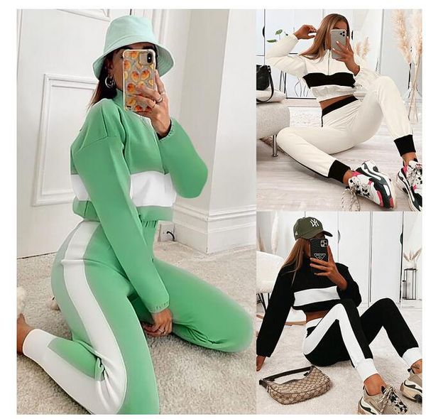 

women zipper contrast stitching coat long sleeve stand collar patchwork high-waist sports striped pants trousers 2pcs set, Gray