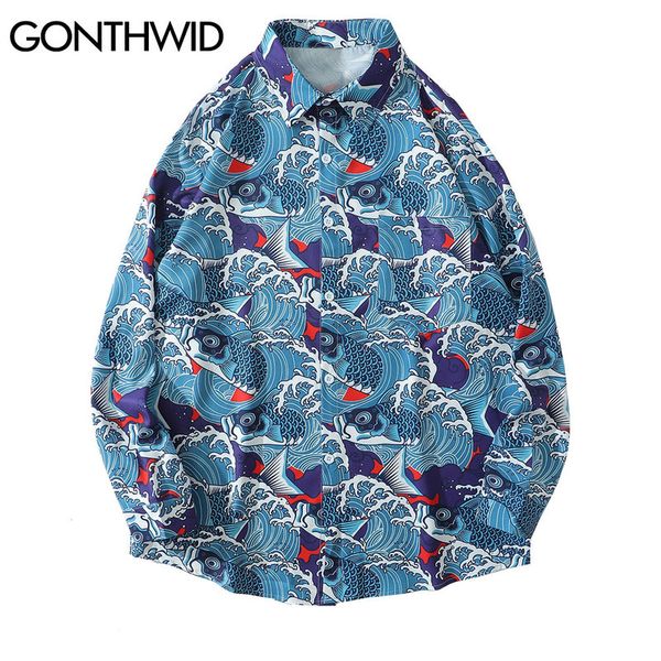 

japanese style seawave carp koi fish print hawaiian beach shirts mens 2020 harajuku casual long sleeve dress shirt, White;black