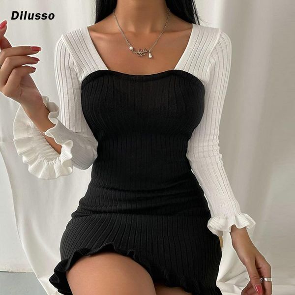 

fashion women ruffle splicing dresses long sleeve casual mini bandage slim dress patchwork white/black women dresses, Black;gray