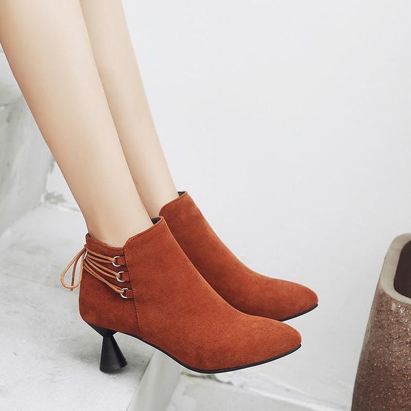 

boots ymechic fashion cross tied strange gothic high heels ladies shoes red black chocolate flock ankle for women 2021 autumn