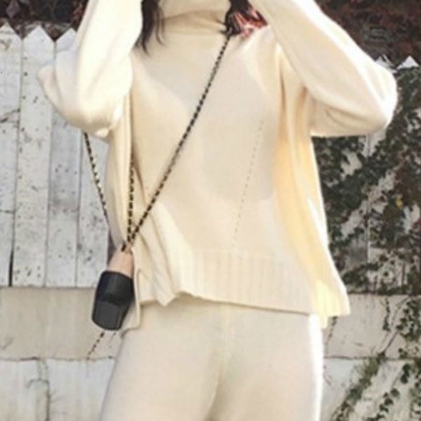 

2021 oversized feminine ensemble solid knitted collar divided in knitting pullover sweaters ankle length long pants baggy leg autumn 8vni, Gray