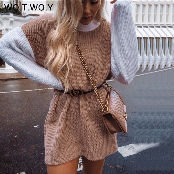

wotwoy patchwork turtleneck sweater dress women lantern sleeve knitted long sweaters women autumn winter pullovers femme pink 201023, White;black