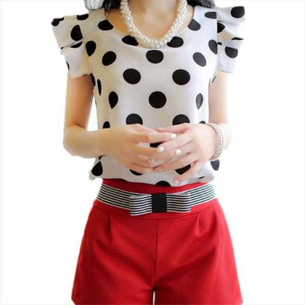 

visnxgi summer petal sleeve polka dot blouses fashion o neck women chiffon blouse white black color shirt female casual