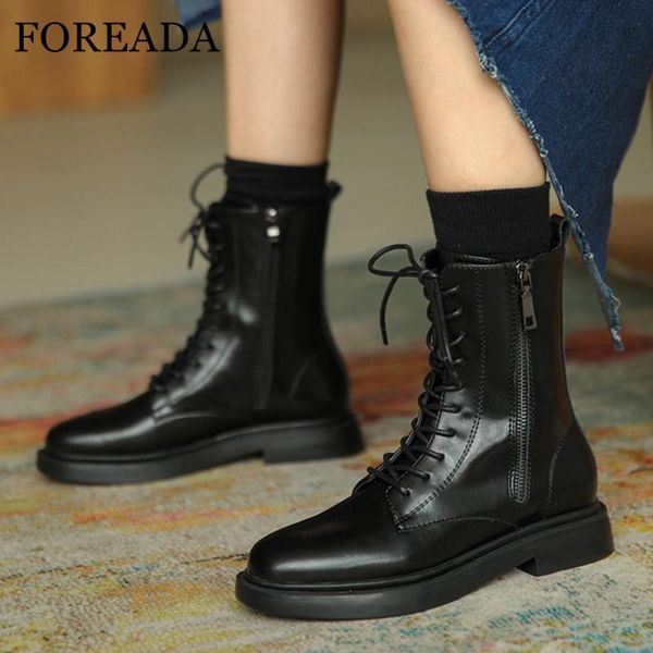 

boots foreada flat platform motorcycle woman ankle zipper round toe short lace up shoes female autumn winter black