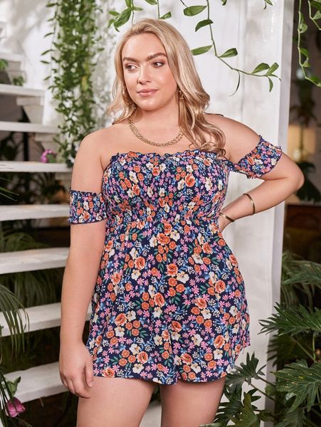

plus allover floral print off shoulder romper 52ze#, Black