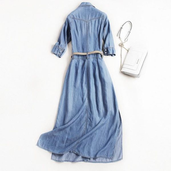 

women summer long denim dress preppy casual single breasted midi dress pockets high waist lapel collar sashes slim fit dresses1, Black;gray