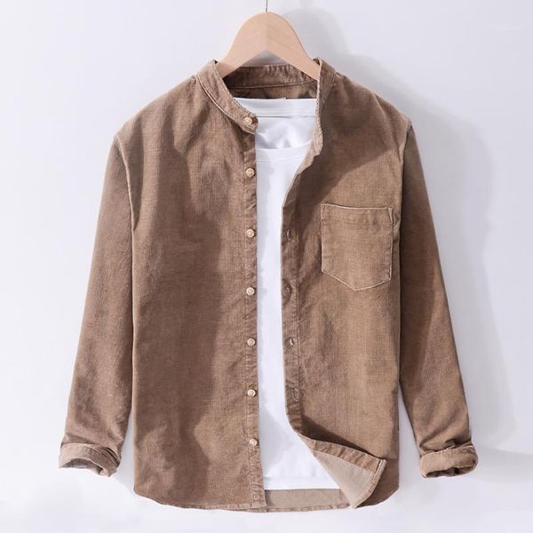 

2020 spring long-sleeved corduroy cotton shirts men brand fashion comfortable shirt for men stand collar solid shirts male 1, White;black