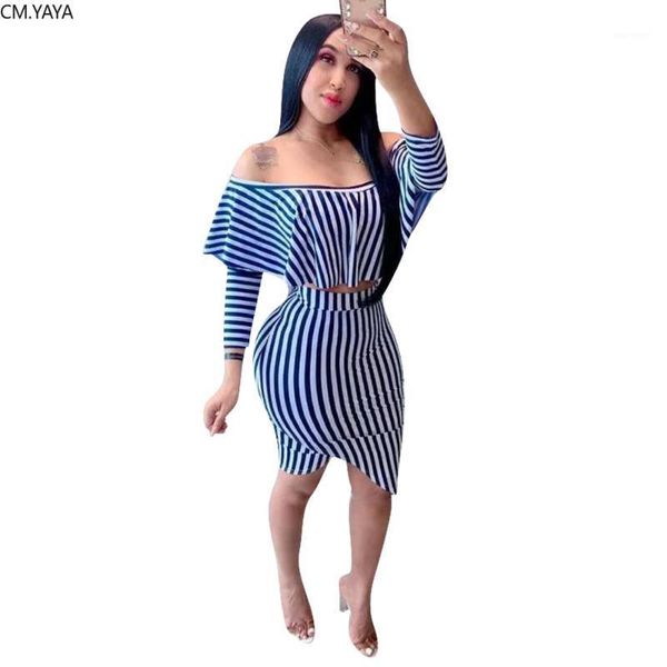 

2019 autumn winter women's set ful sleeve ruffles striped print crop bodycon short skirt suit two piece set tracksuit gl88861, White