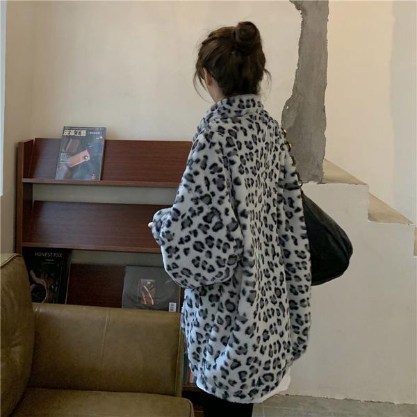 

women's fur & faux winter warm thick plush leopard jacket women vintage stand collar outwear lady loose coat clothes streetwear, Black
