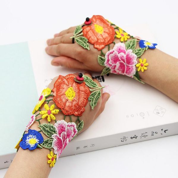 

five fingers gloves women' vintage original hollow out fingerless flower embroidery female performance dancing decoration glove r1022, Blue;gray