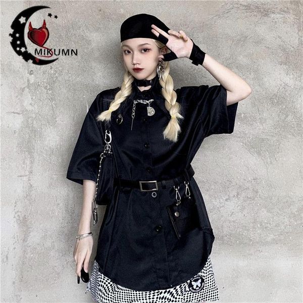

harajuku women blouse black turn-down collar loose short sleeve shirts with belt gothic shirt punk fashion streetwear1, White